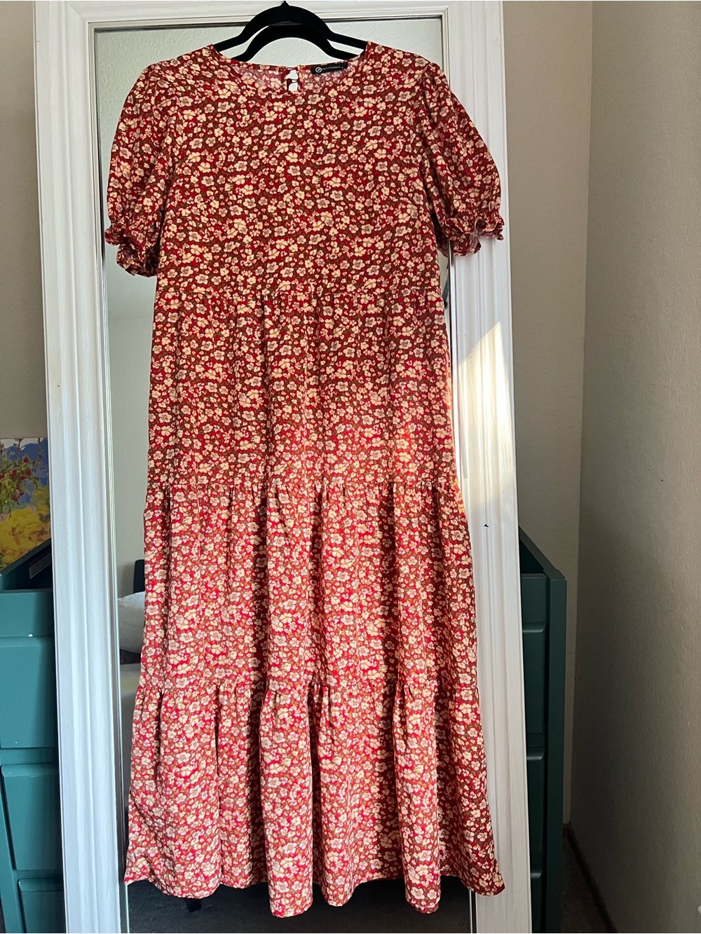 EUC PrettyGarden Women's Red Floral Tiered Midi Dress